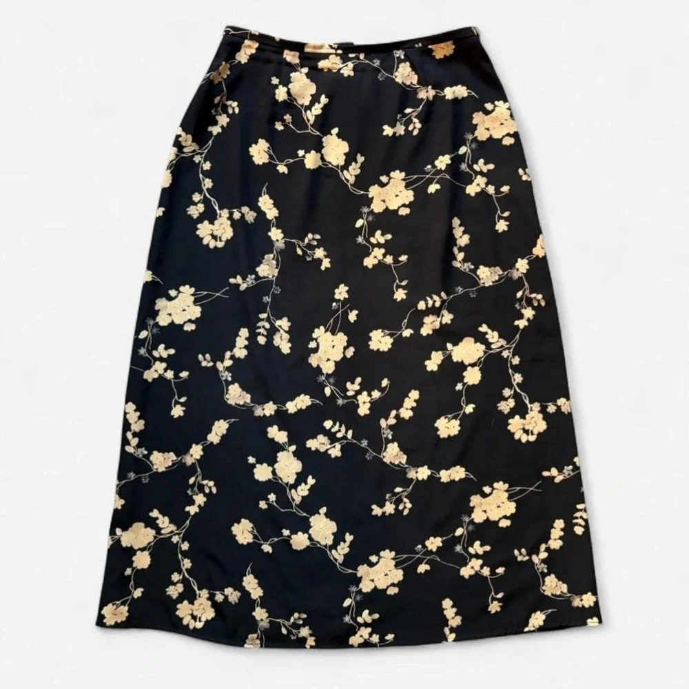 90s Joan Leslie floral maxi skirt a-line whimsigoth black cream women's L 10 12 - Picture 1 of 7